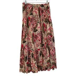 Vtg Crinkle Maxi Skirt Ruffles Bow Ruched Boho Broomstick Floral Festival Size M